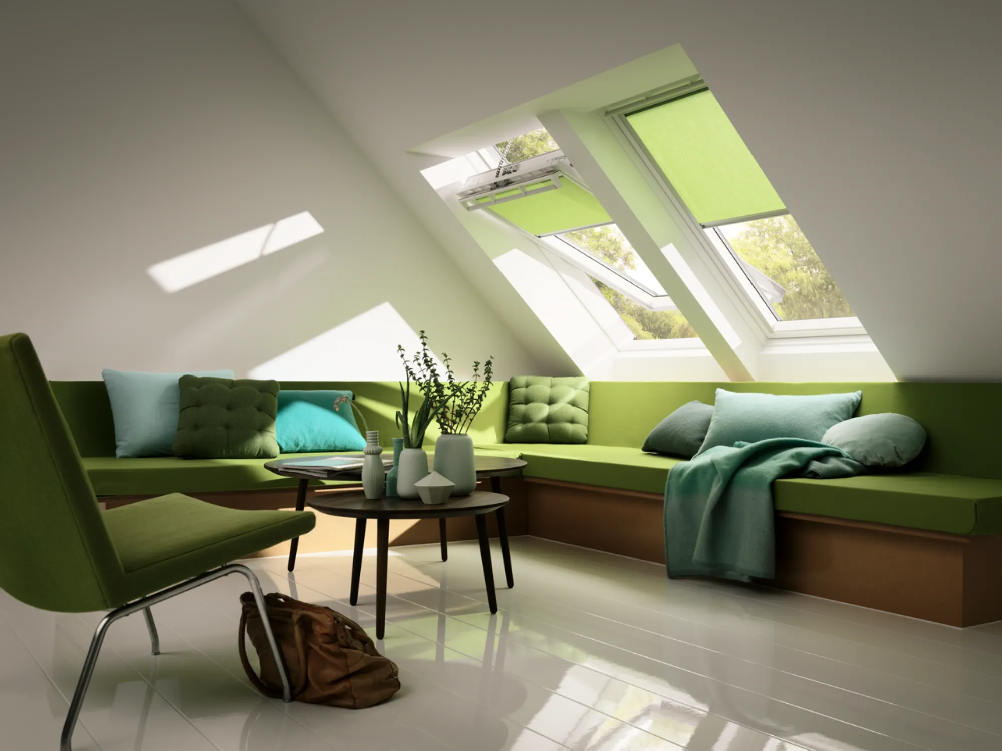 A living room filled with furniture and a skylight.